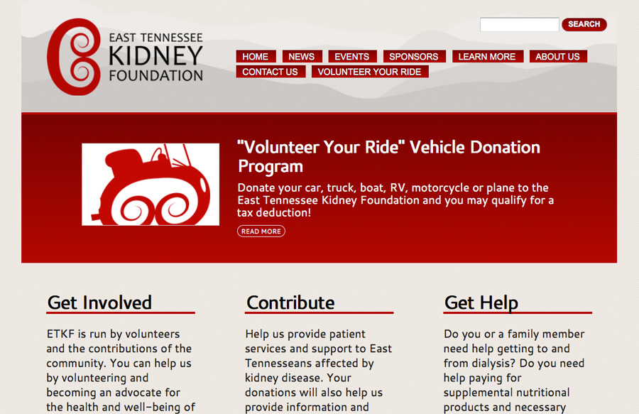 Screen capture of East Tennessee Kidney Foundation website